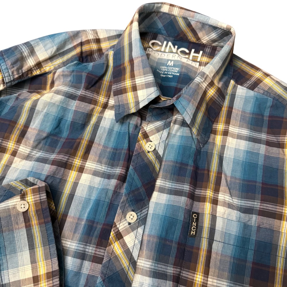 Cinch Modern Fit Mens Plaid Button Down Shirt Blue Brown MTW1300007 Medium